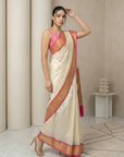 Cream Soft Paithani Silk Zari Woven Saree with Peacock Pallu