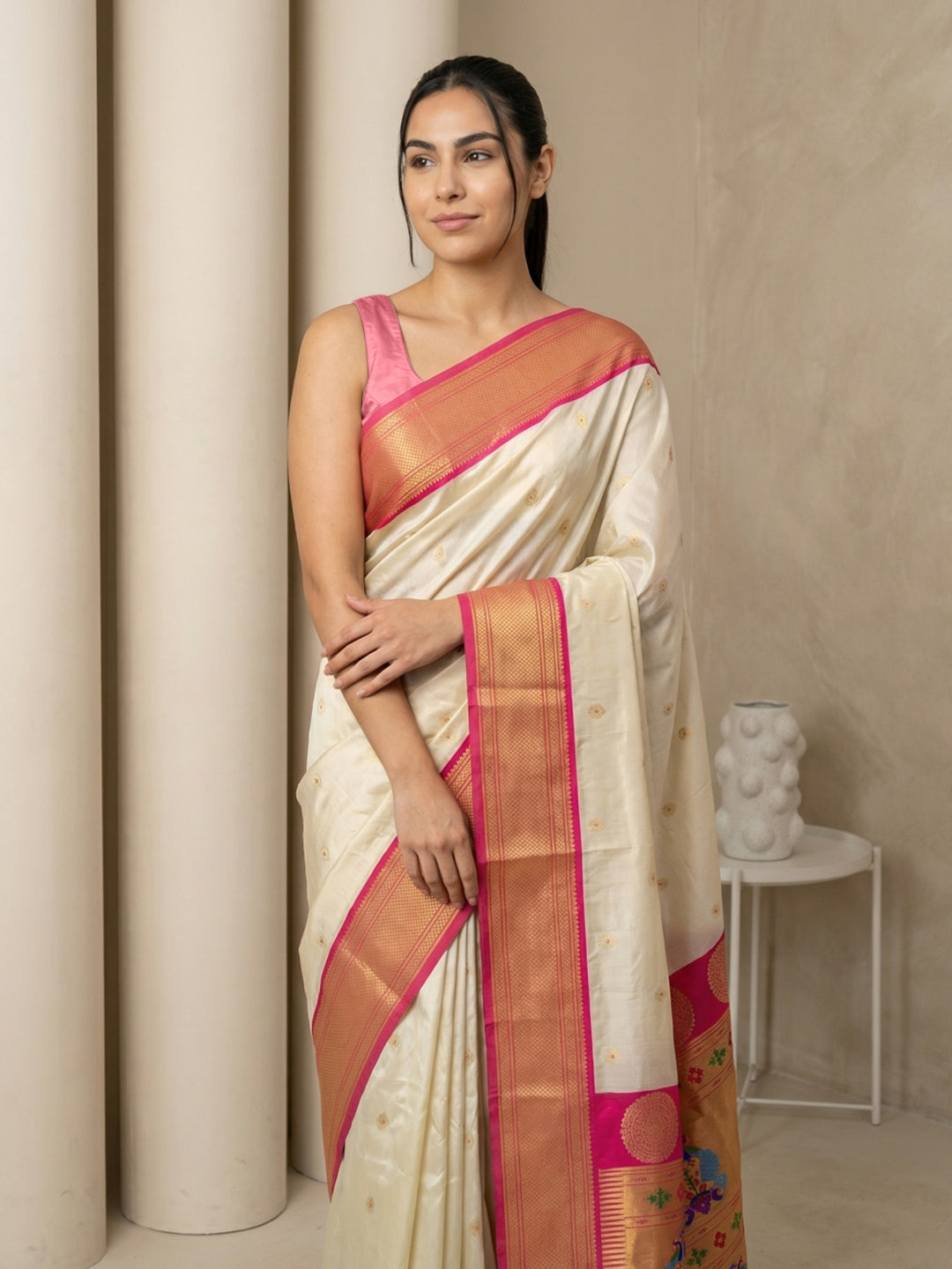 Cream Soft Paithani Silk Zari Woven Saree with Peacock Pallu
