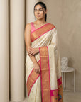 Cream Soft Paithani Silk Zari Woven Saree with Peacock Pallu