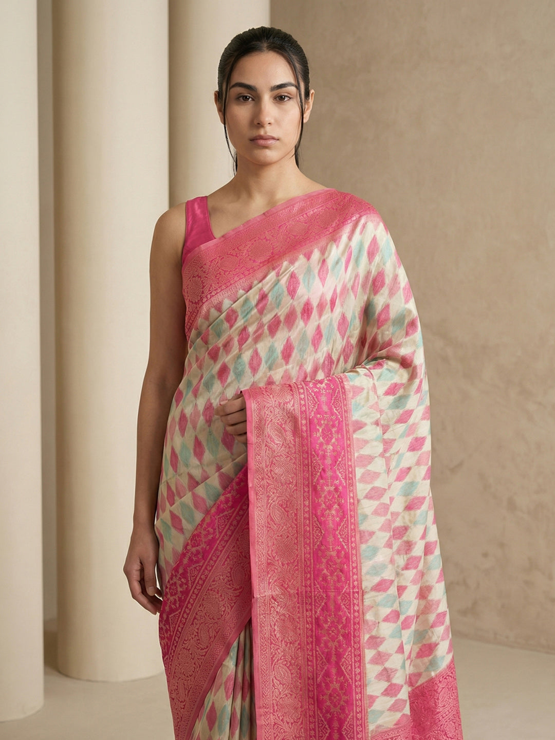 Cream Soft Ikkat Patola Silk  Geometric Ikkat Weaves Saree