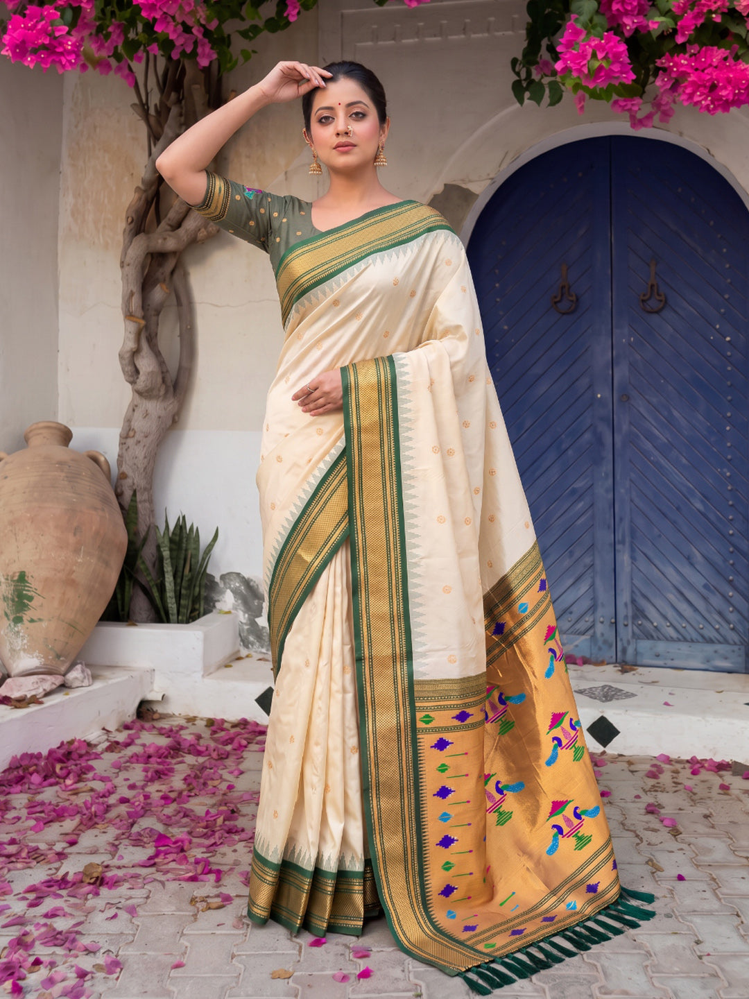 Cream Premium Traditional Maharani Paithani Silk Saree