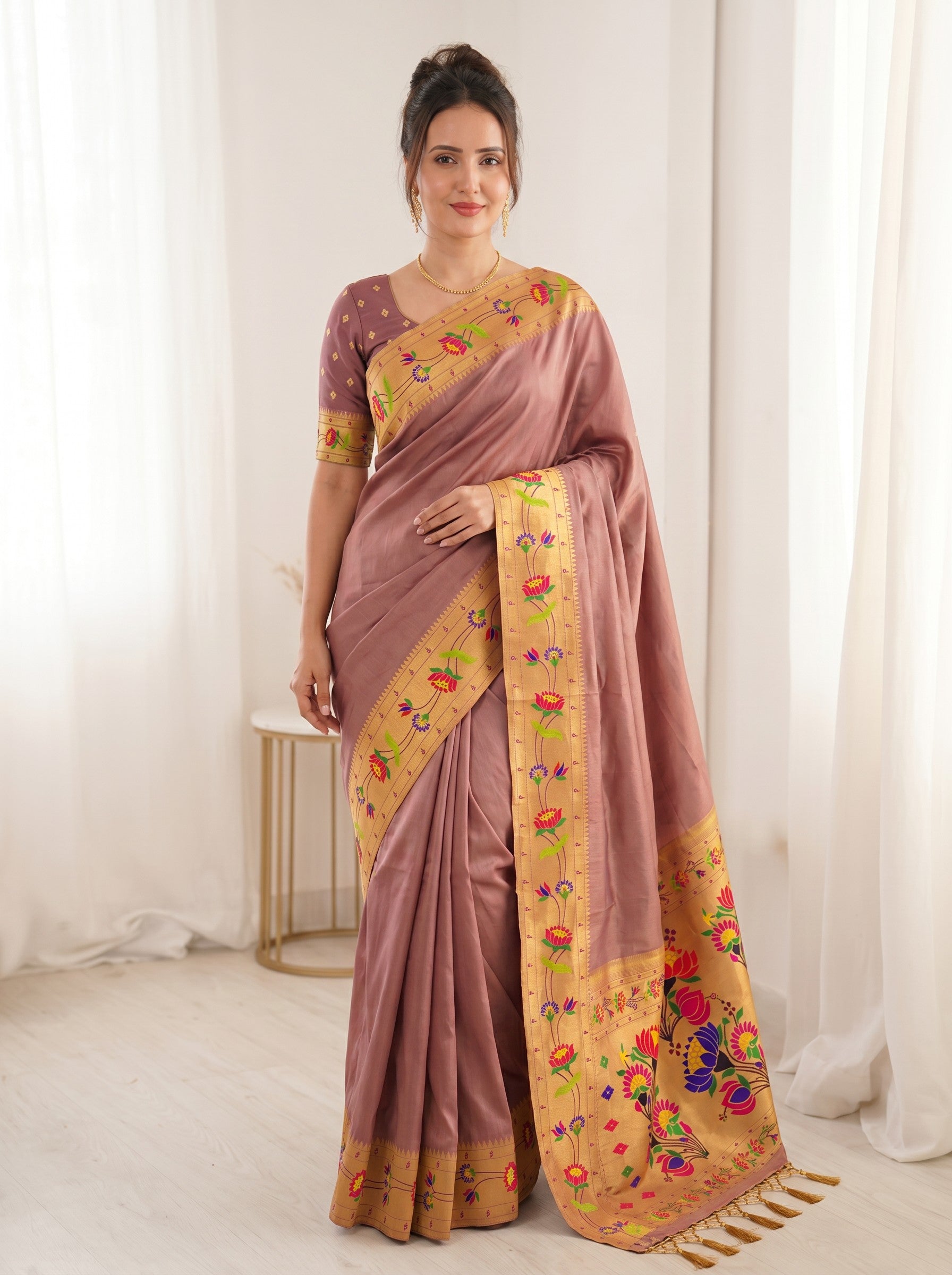 Coral Pink Premium Soft Brocade Tissue Paithani Silk Saree
