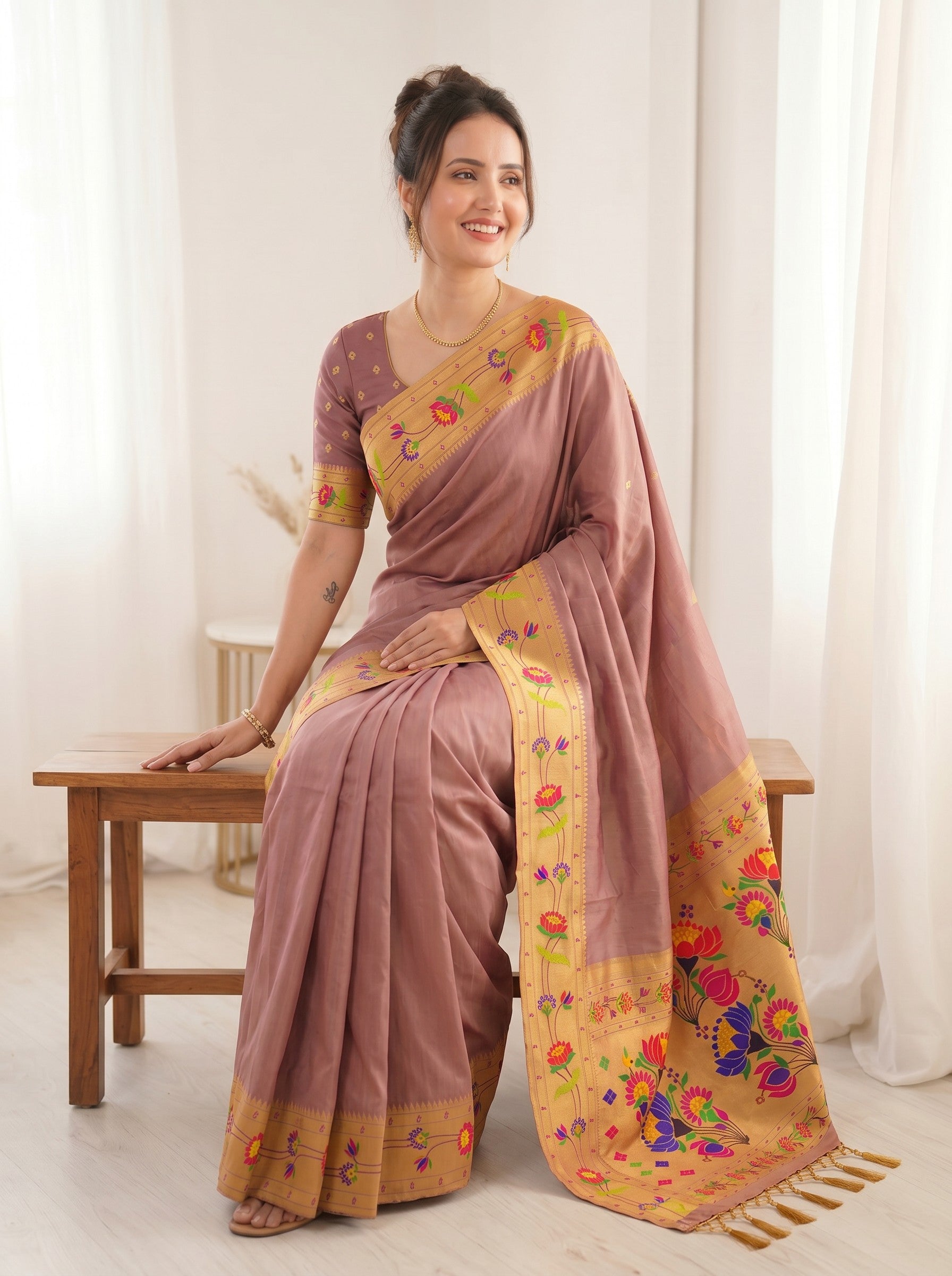 Coral Pink Premium Soft Brocade Tissue Paithani Silk Saree