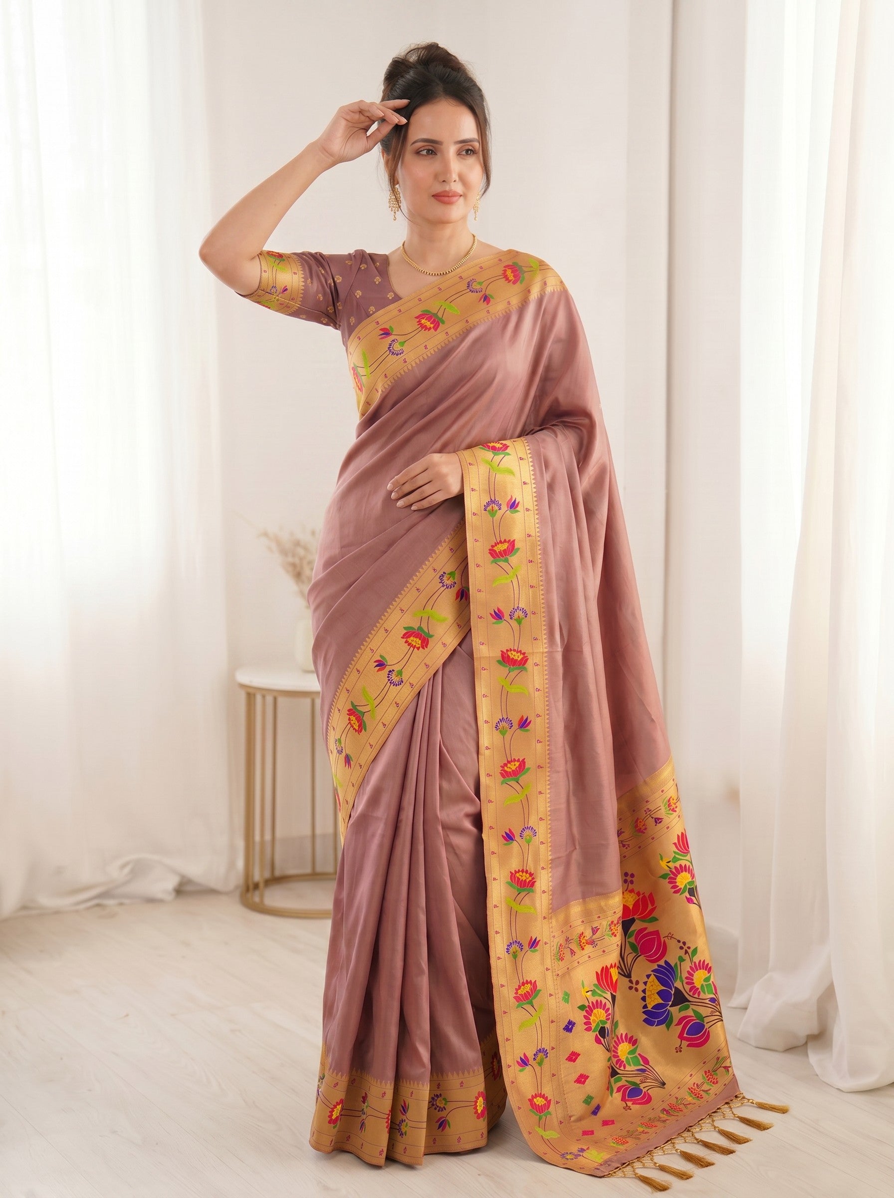 Coral Pink Premium Soft Brocade Tissue Paithani Silk Saree