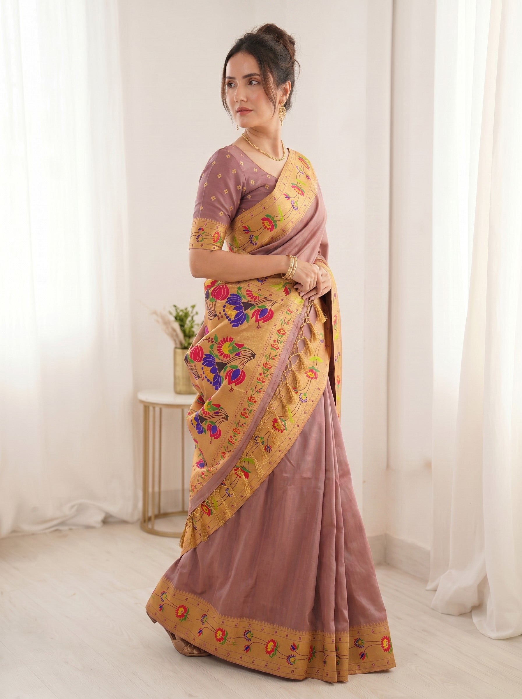 Coral Pink Premium Soft Brocade Tissue Paithani Silk Saree