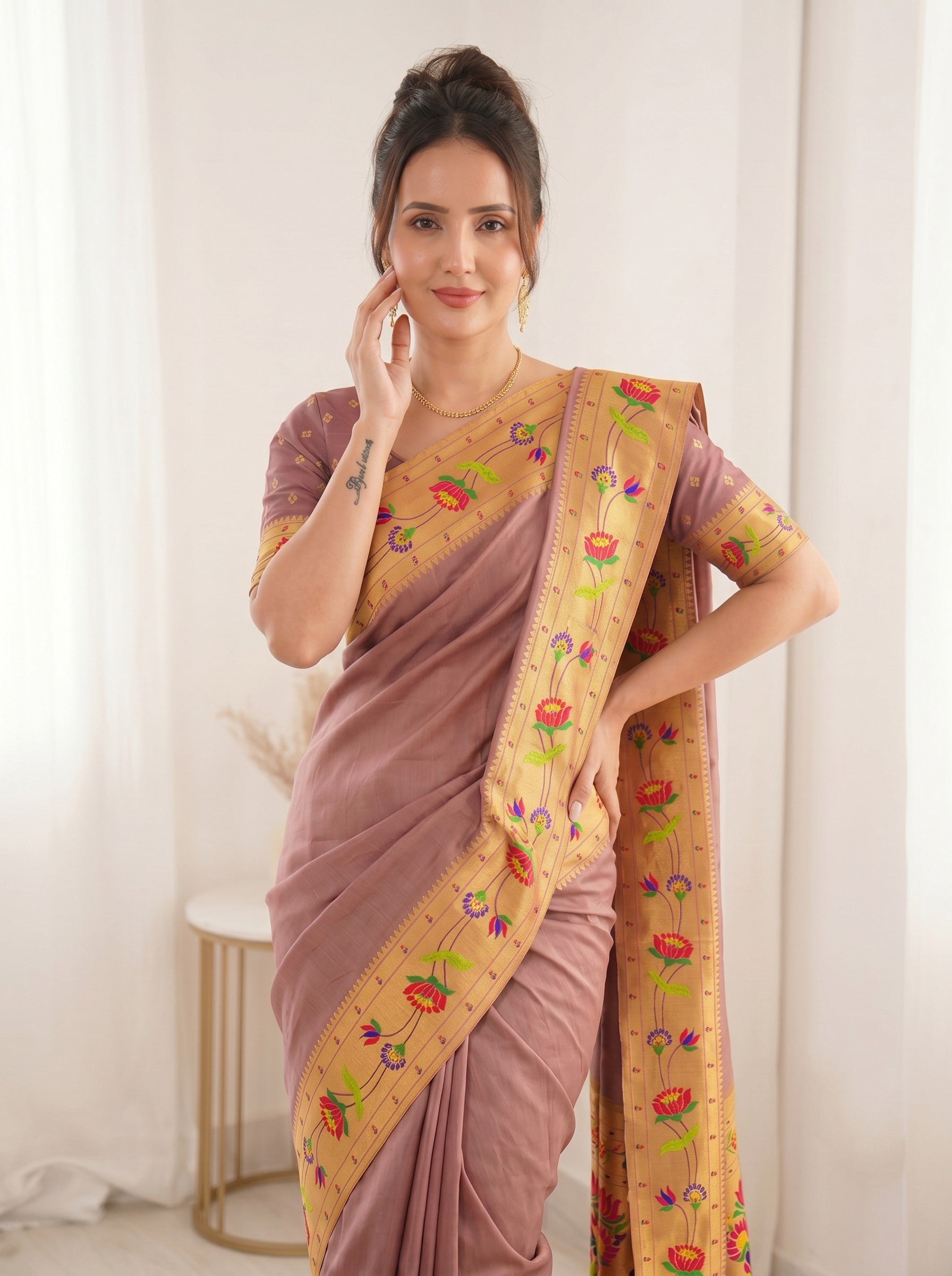 Coral Pink Premium Soft Brocade Tissue Paithani Silk Saree