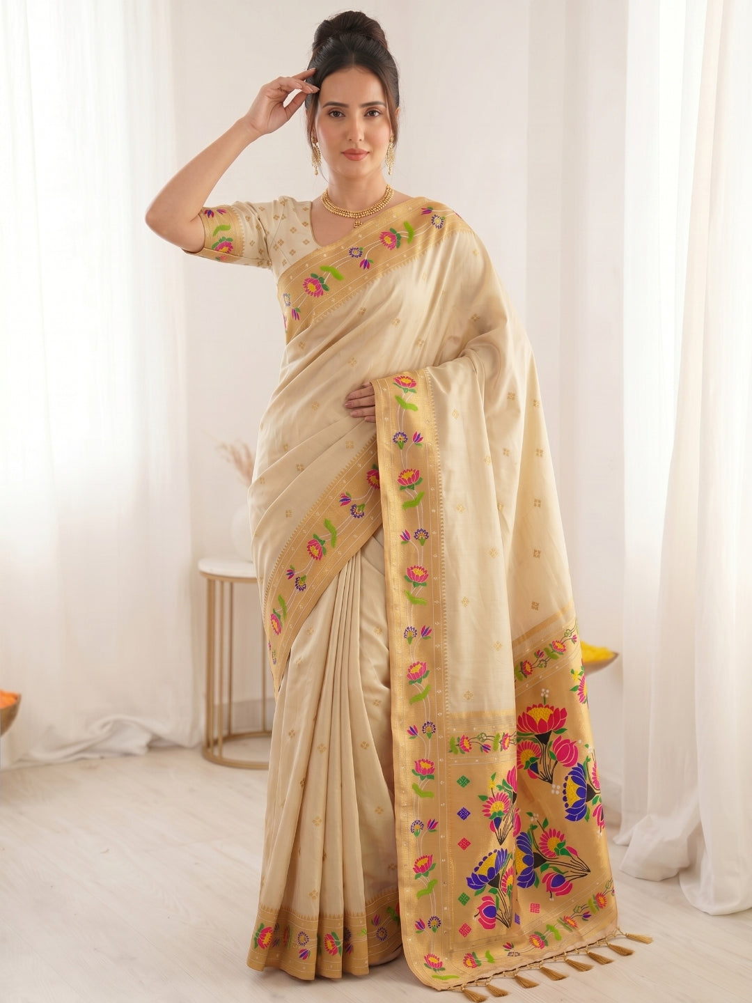 Cream Premium Soft Brocade Tissue Paithani Silk Saree