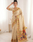 Cream Premium Soft Brocade Tissue Paithani Silk Saree