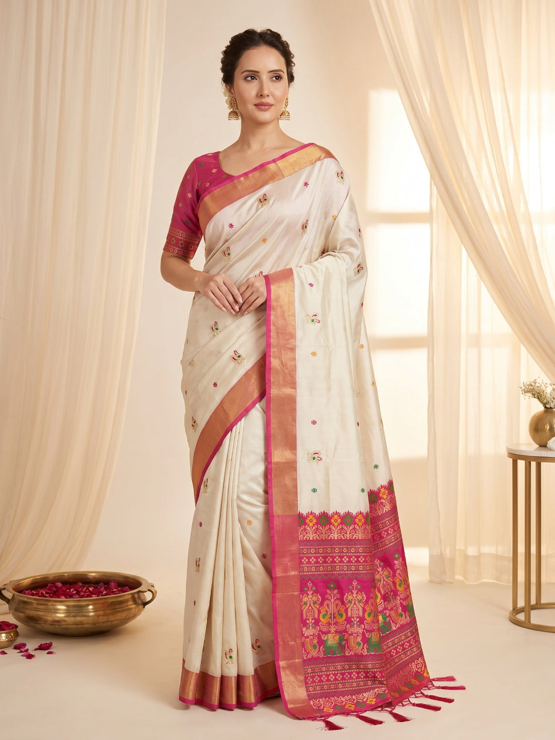 Cream Traditional Soft Silk Saree with Floral &amp; Peacock Pattern Saree