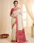 Cream Traditional Soft Silk Saree with Floral & Peacock Pattern Saree