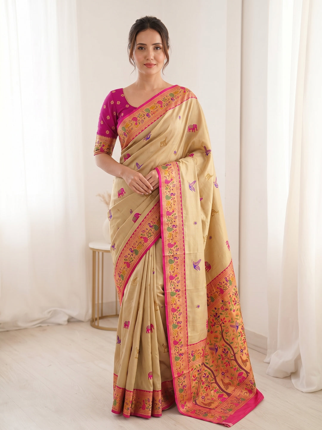 Cream Premium Soft Bamboo Tissue Paithani Silk Saree