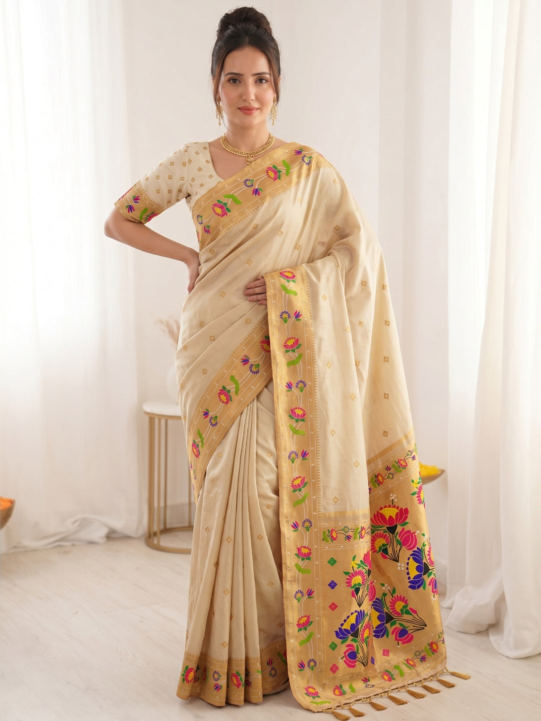 Cream Premium Soft Brocade Tissue Paithani Silk Saree