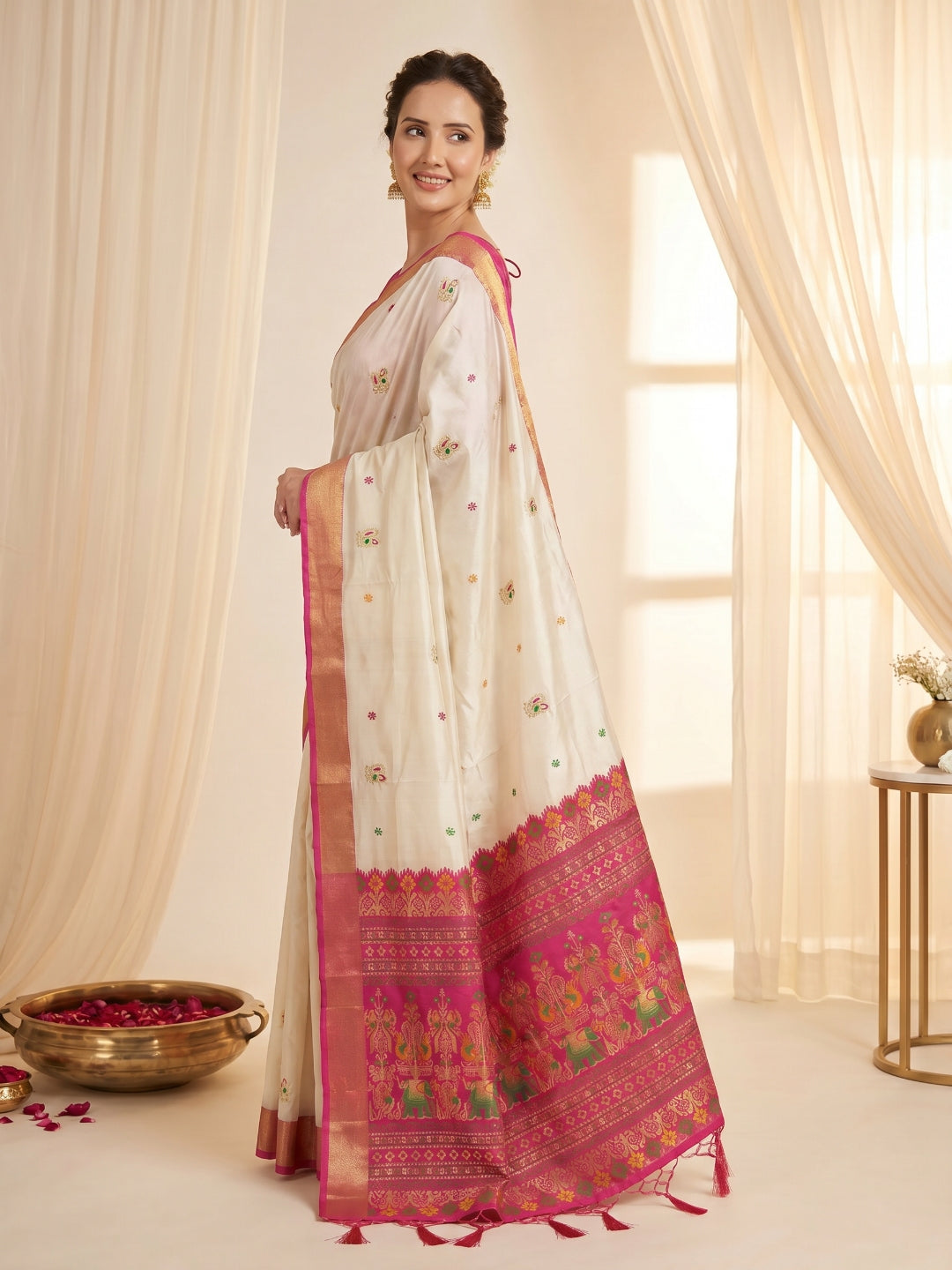 Cream Traditional Soft Silk Saree with Floral &amp; Peacock Pattern Saree