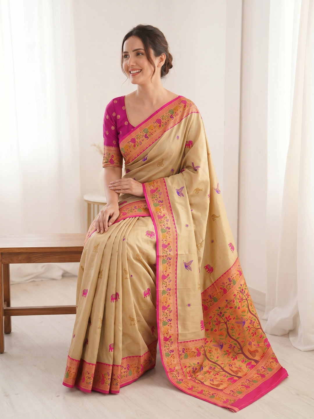 Cream Premium Soft Bamboo Tissue Paithani Silk Saree