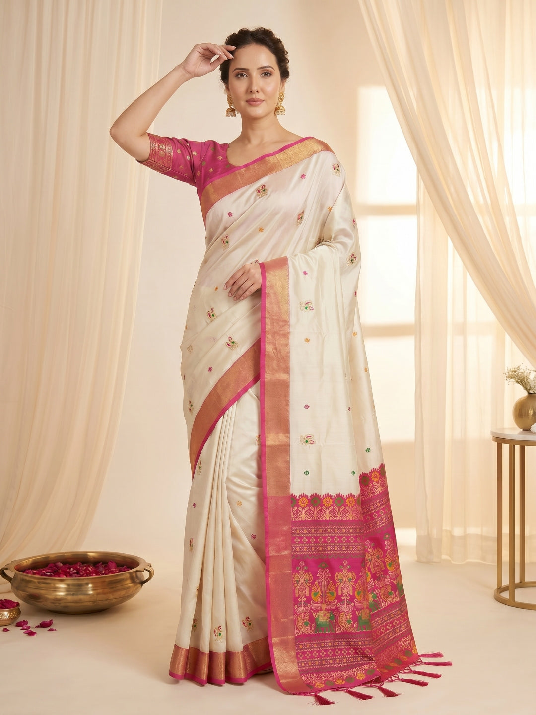 Cream Traditional Soft Silk Saree with Floral &amp; Peacock Pattern Saree
