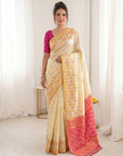 Cream Premium Soft Silk Zari Woven with Ikkat Patola Fusion Saree