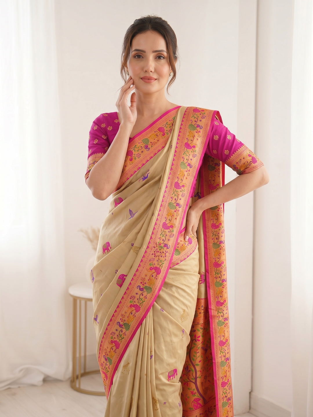 Cream Premium Soft Bamboo Tissue Paithani Silk Saree