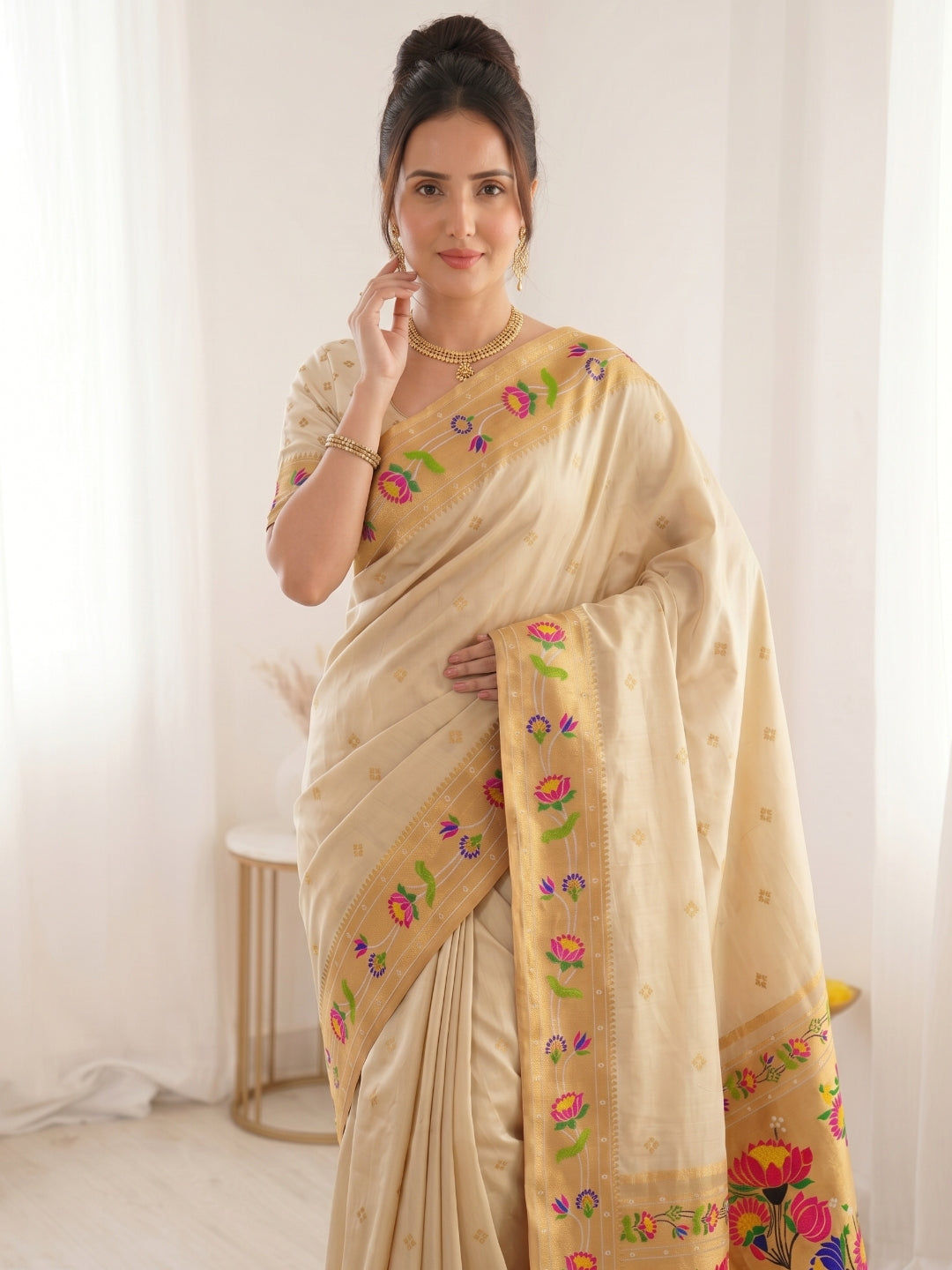 Cream Premium Soft Brocade Tissue Paithani Silk Saree