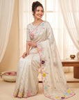 Cream Premium Tissue Silk Saree with Multi Threadwork