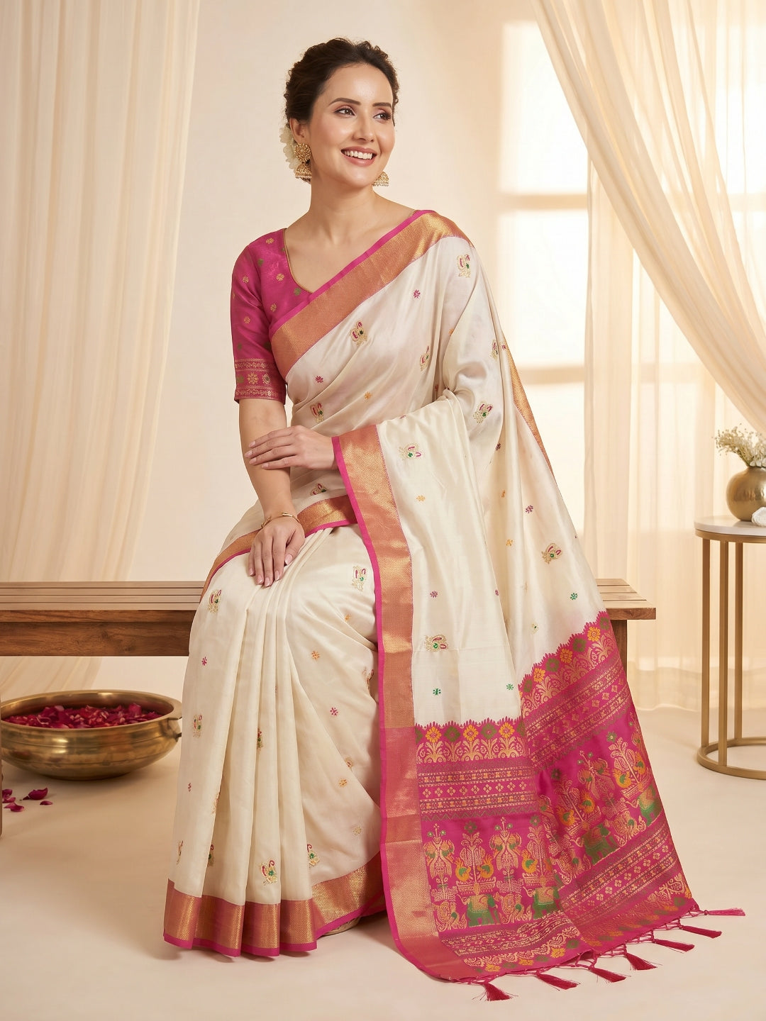 Cream Traditional Soft Silk Saree with Floral &amp; Peacock Pattern Saree