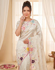 Cream Premium Tissue Silk Saree with Multi Threadwork