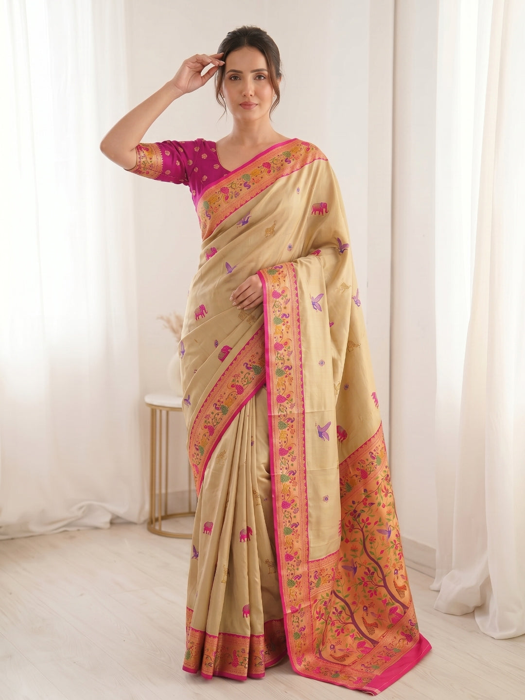 Cream Premium Soft Bamboo Tissue Paithani Silk Saree