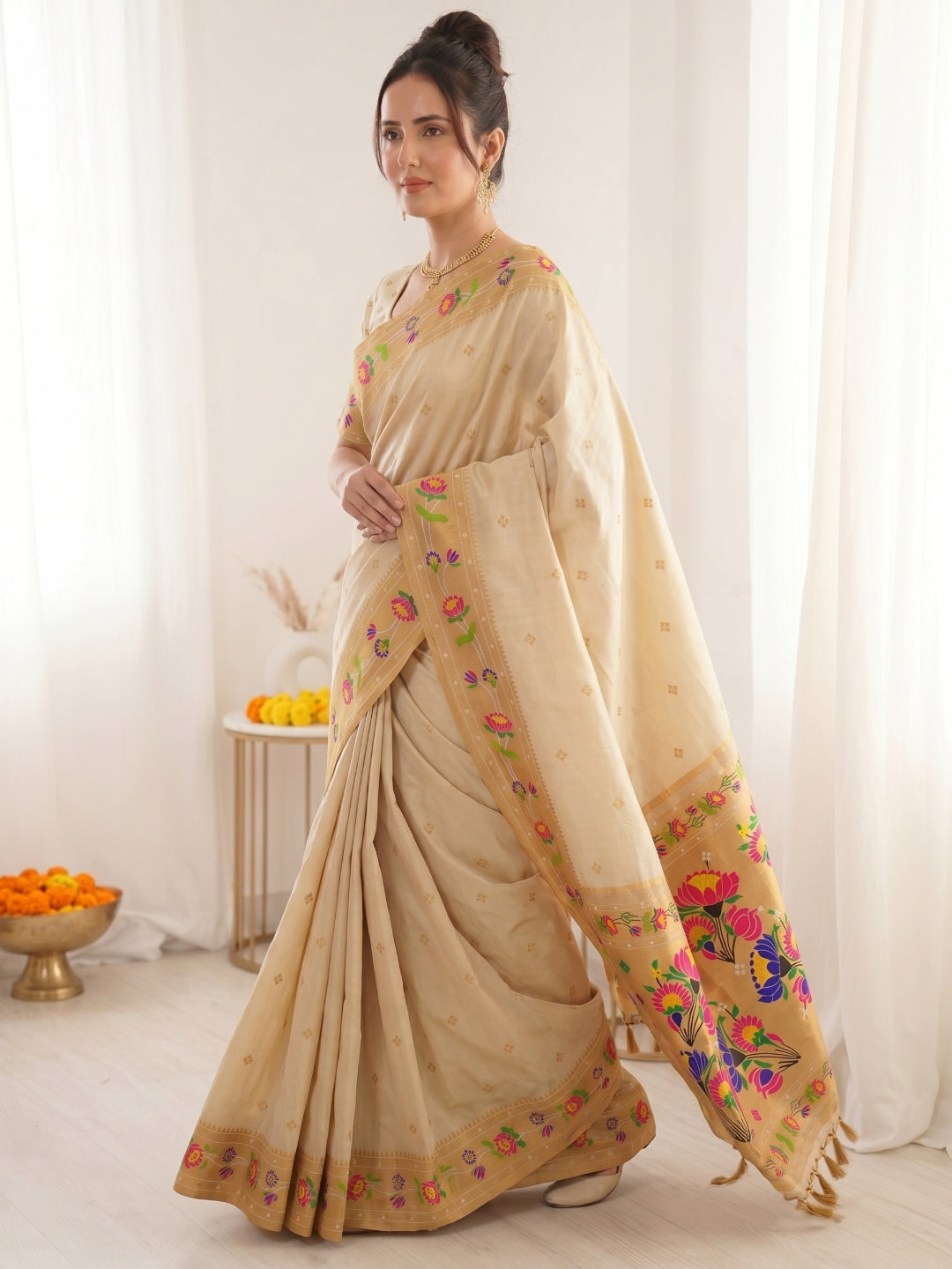 Cream Premium Soft Brocade Tissue Paithani Silk Saree