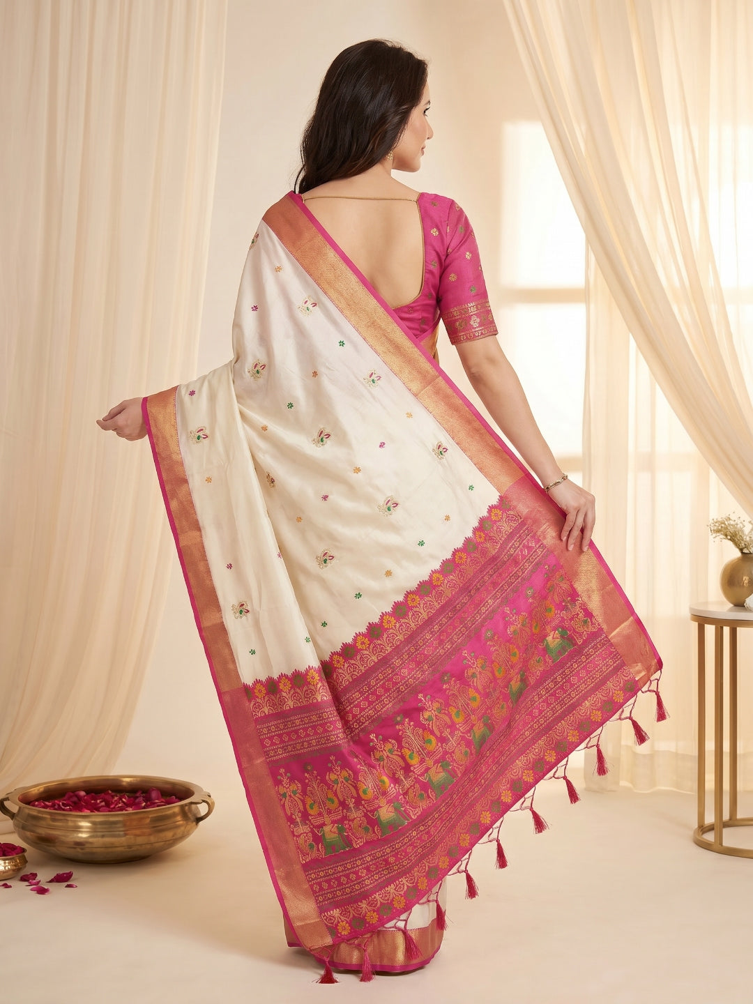 Cream Traditional Soft Silk Saree with Floral &amp; Peacock Pattern Saree
