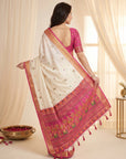 Cream Traditional Soft Silk Saree with Floral & Peacock Pattern Saree