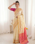 Cream Premium Soft Silk Zari Woven with Ikkat Patola Fusion Saree