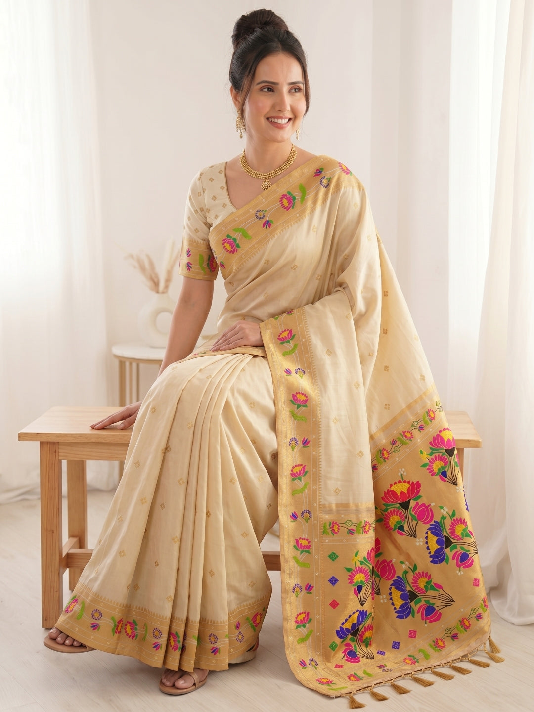 Cream Premium Soft Brocade Tissue Paithani Silk Saree