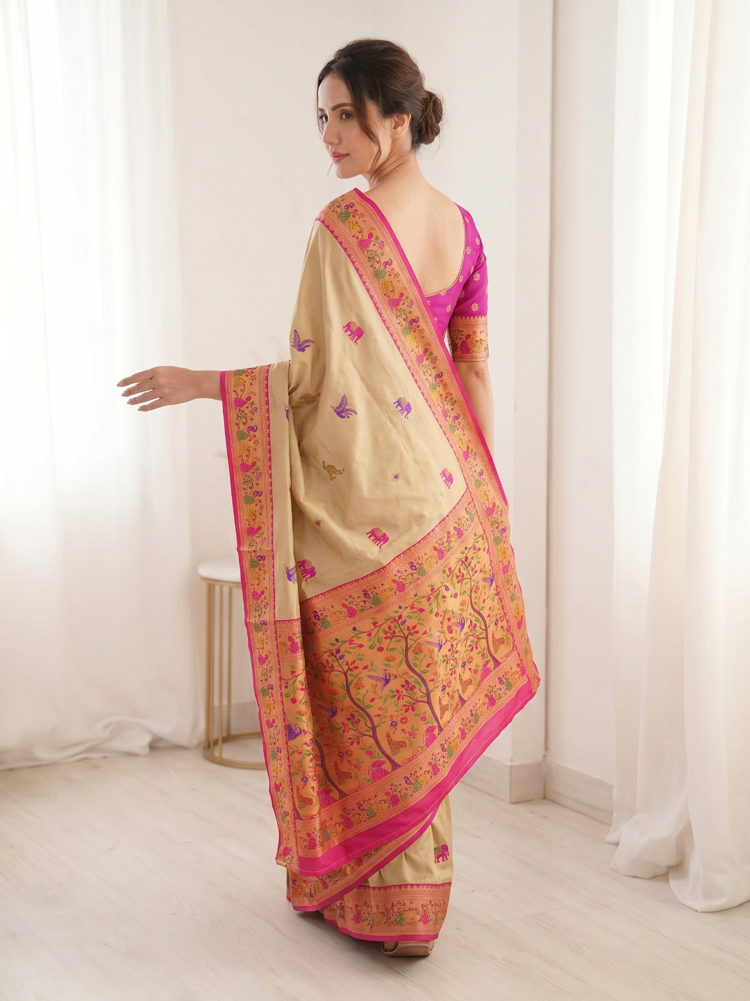 Cream Premium Soft Bamboo Tissue Paithani Silk Saree