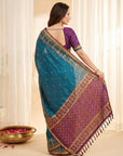 Dark Blue Premium Soft Silk Zari Woven with Ikkat Patola Fusion Saree