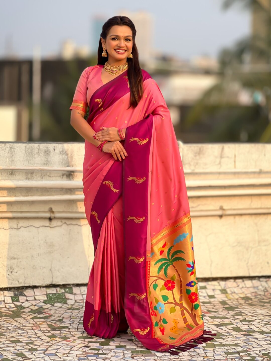 Light Pink Soft Silk Zari Woven Parrot Border Saree