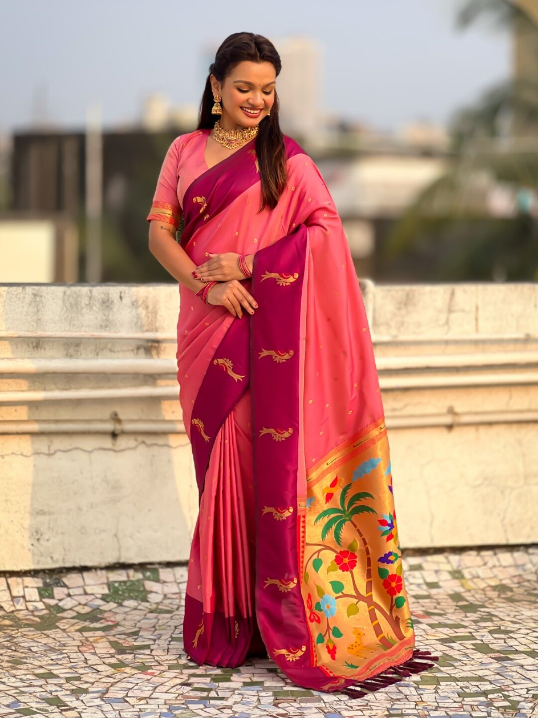 Light Pink Soft Silk Zari Woven Parrot Border Saree