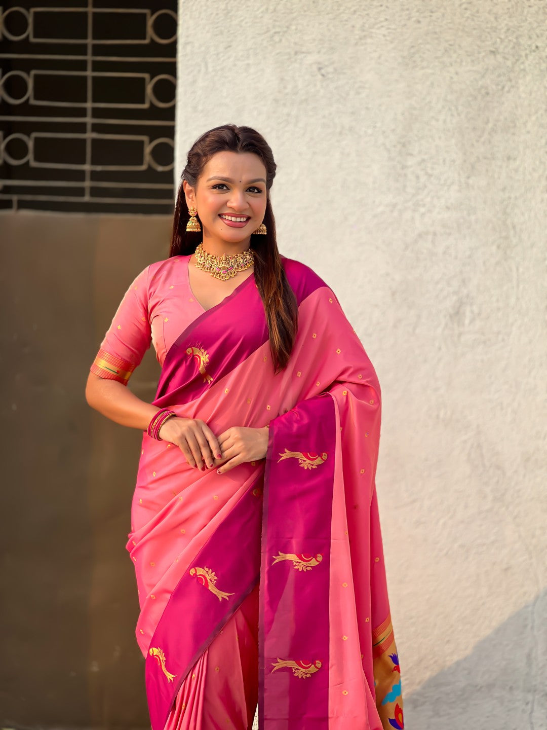 Light Pink Soft Silk Zari Woven Parrot Border Saree