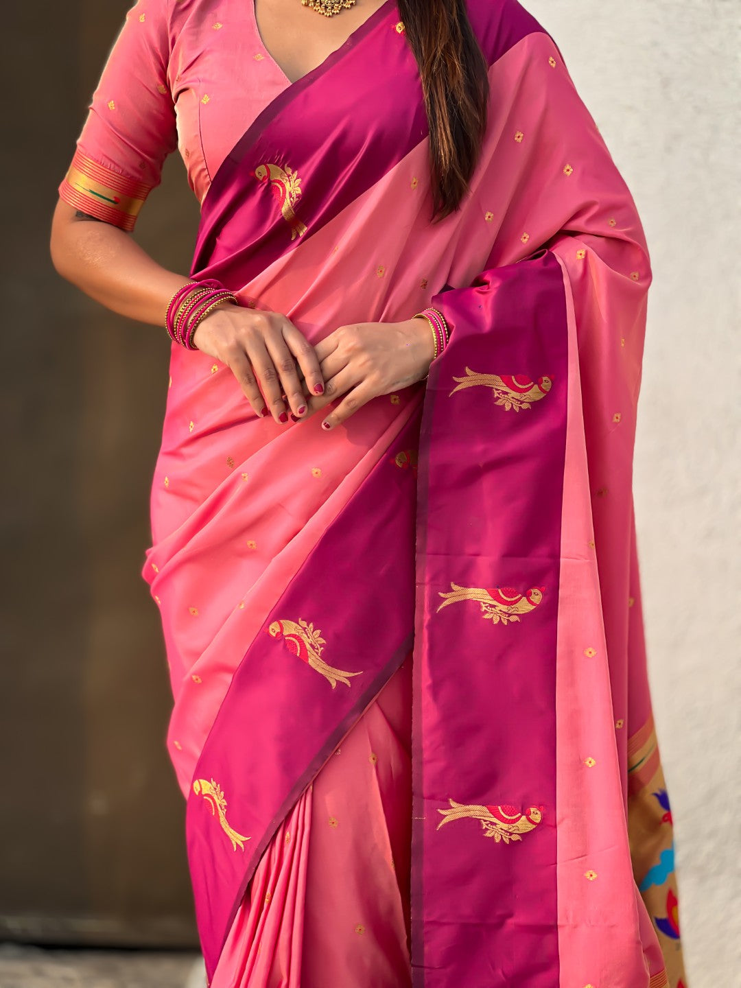 Light Pink Soft Silk Zari Woven Parrot Border Saree