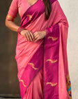Light Pink Soft Silk Zari Woven Parrot Border Saree