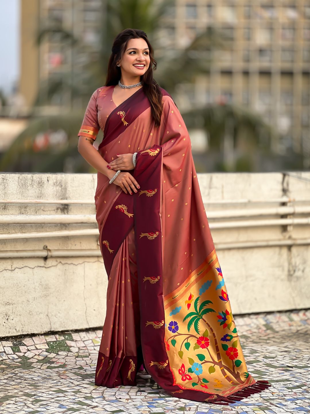 Coral Pink Soft Silk Zari Woven Parrot Border Saree