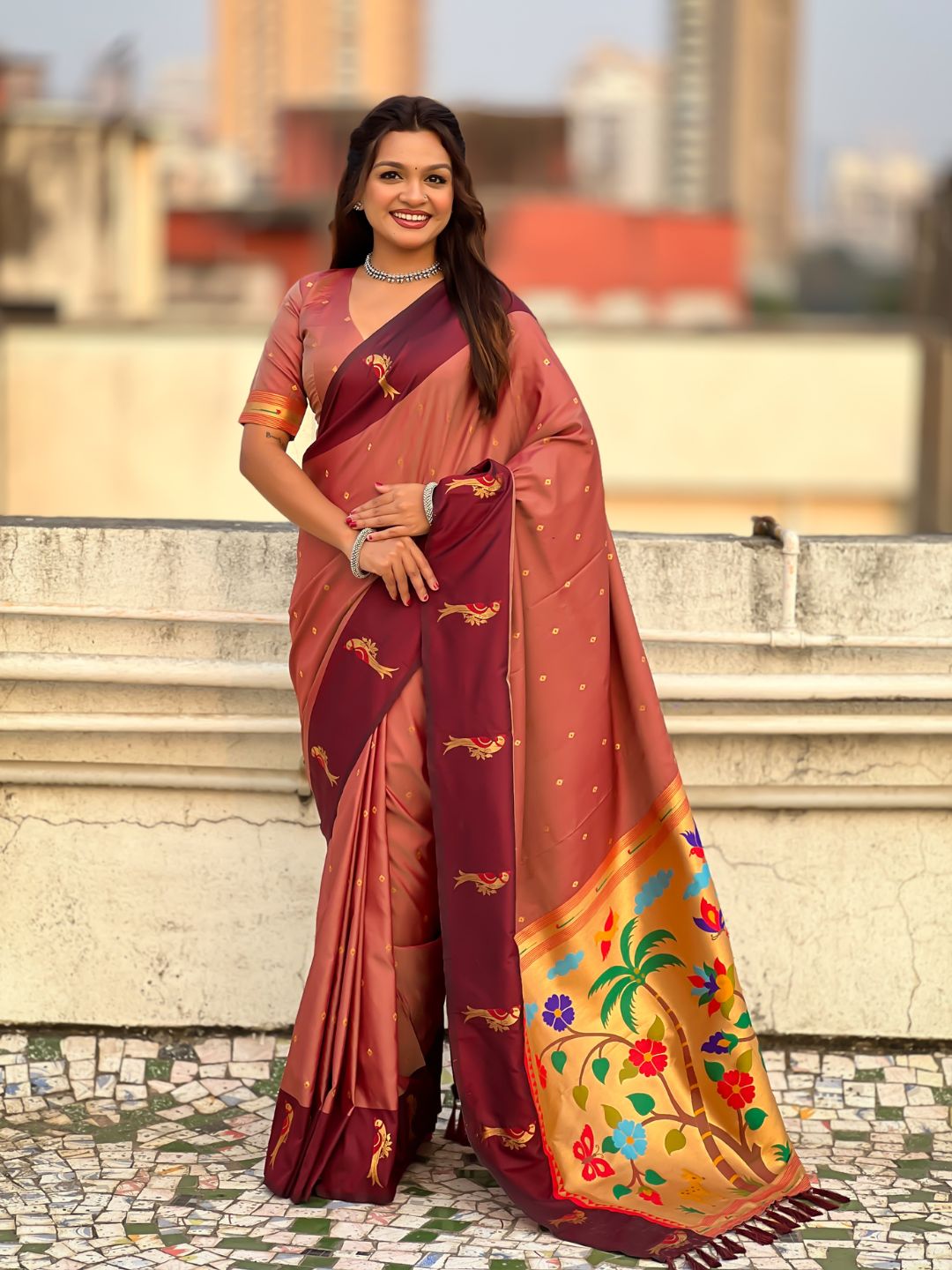 Coral Pink Soft Silk Zari Woven Parrot Border Saree
