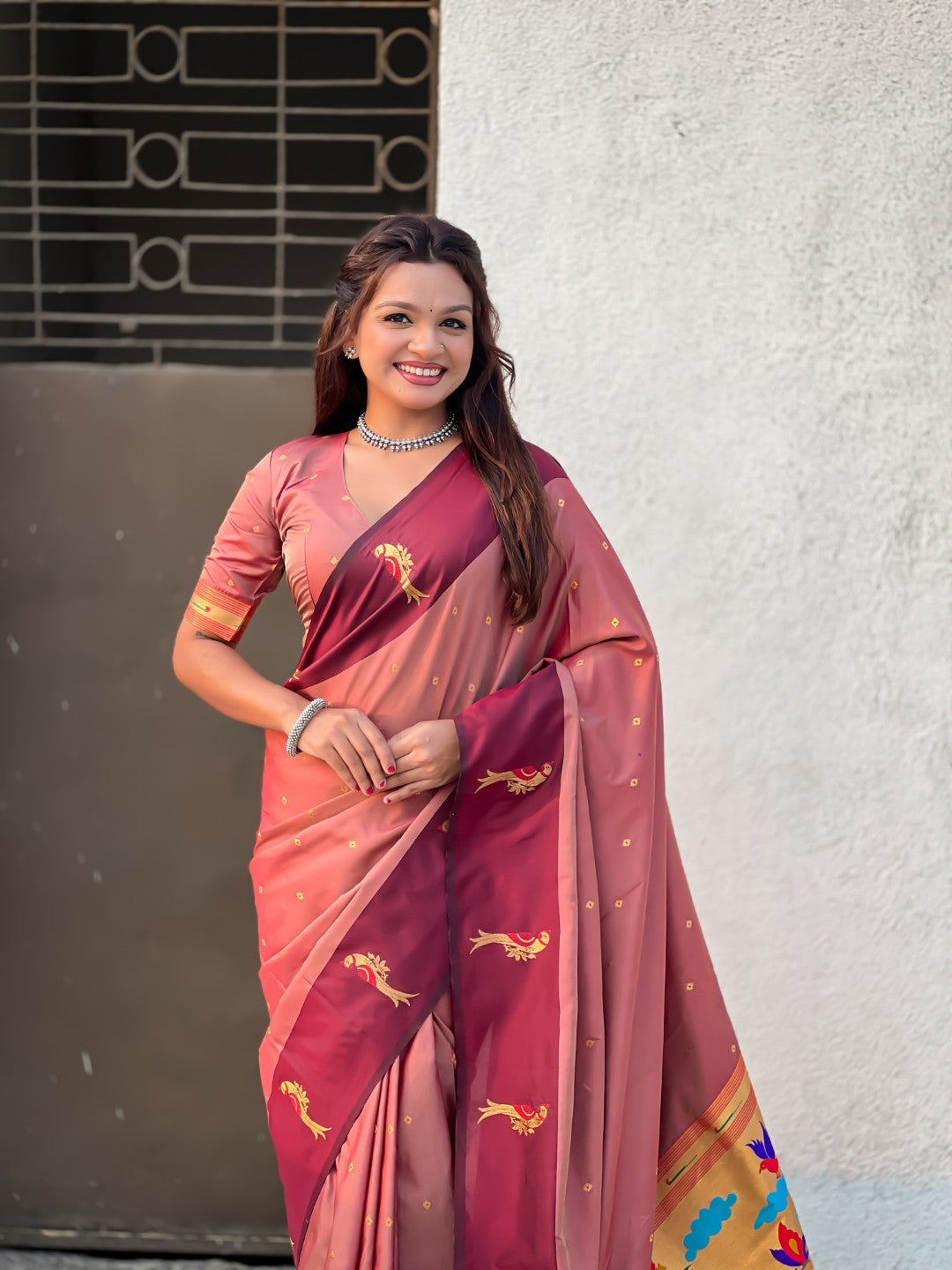 Coral Pink Soft Silk Zari Woven Parrot Border Saree