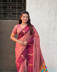 Coral Pink Soft Silk Zari Woven Parrot Border Saree