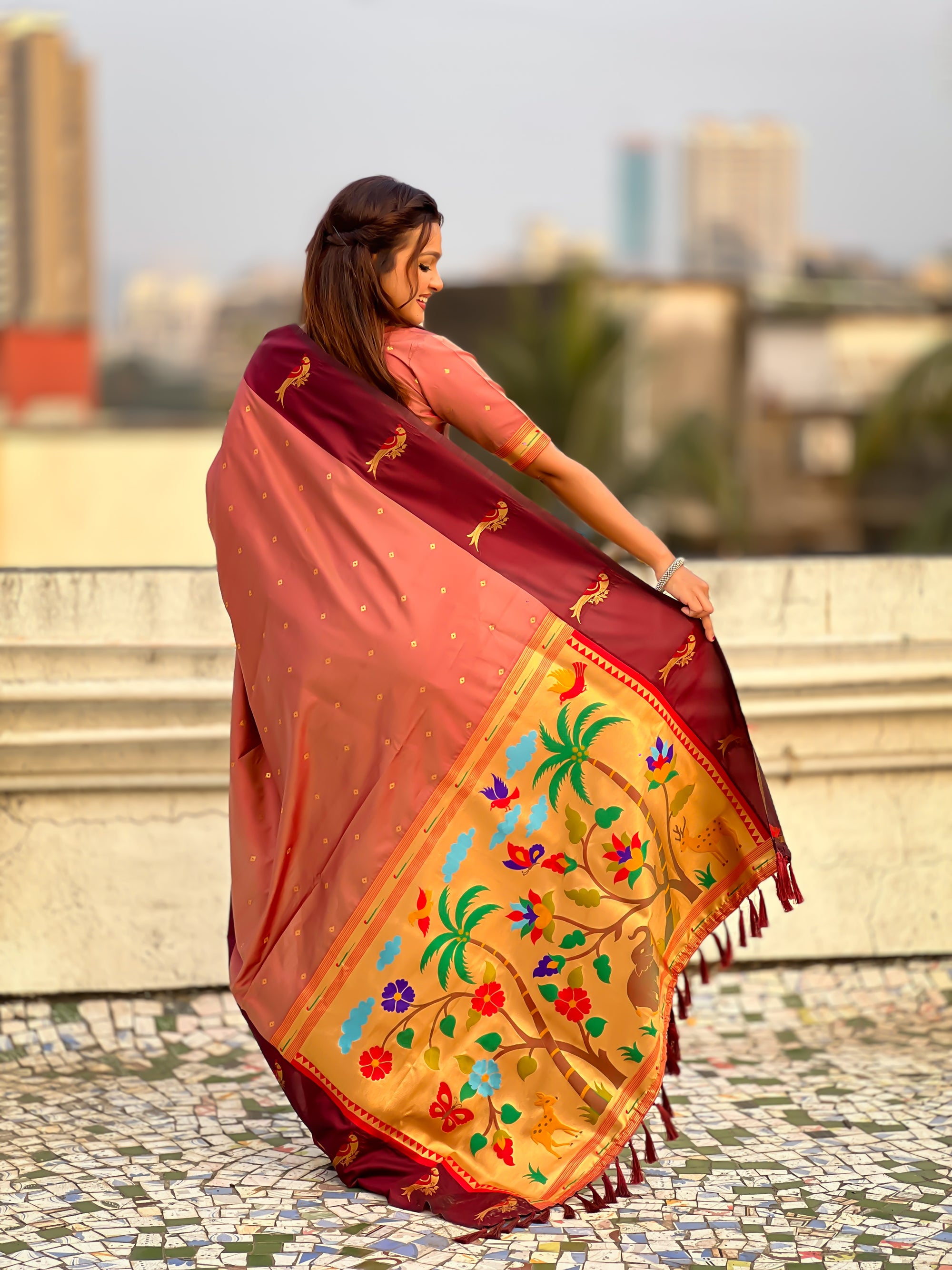 Coral Pink Soft Silk Zari Woven Parrot Border Saree