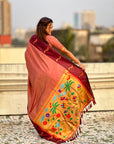 Coral Pink Soft Silk Zari Woven Parrot Border Saree
