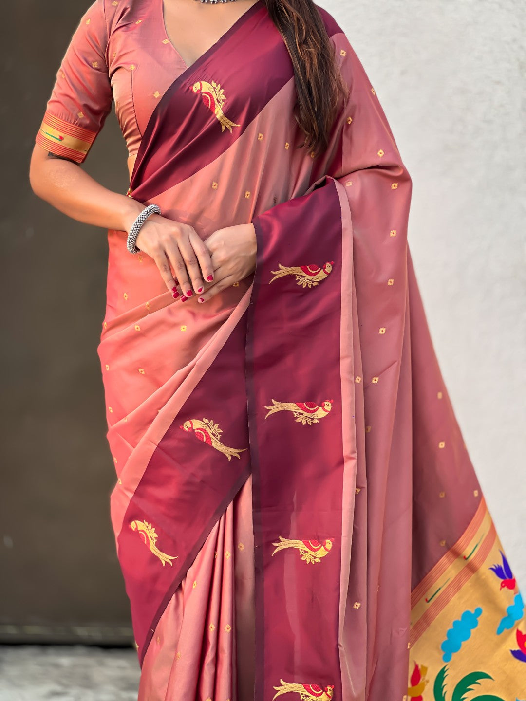 Coral Pink Soft Silk Zari Woven Parrot Border Saree