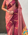 Coral Pink Soft Silk Zari Woven Parrot Border Saree
