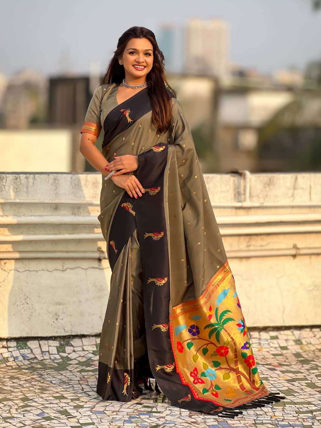 Grey Soft Silk Zari Woven Parrot Border Saree