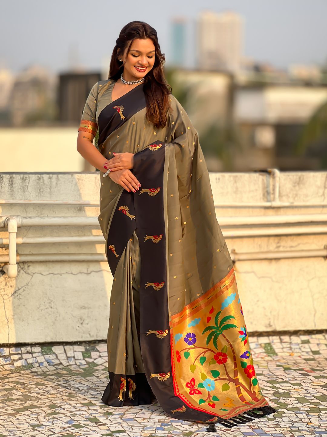 Grey Soft Silk Zari Woven Parrot Border Saree