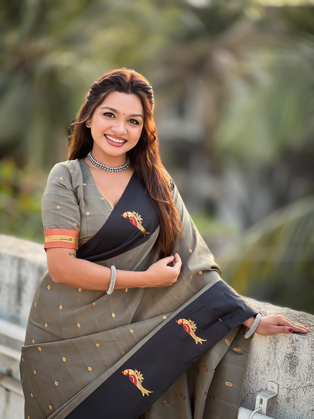 Grey Soft Silk Zari Woven Parrot Border Saree