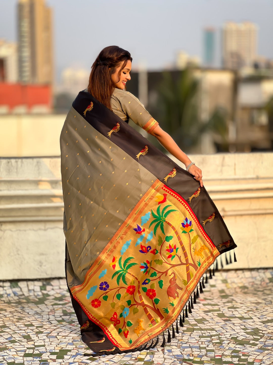 Grey Soft Silk Zari Woven Parrot Border Saree